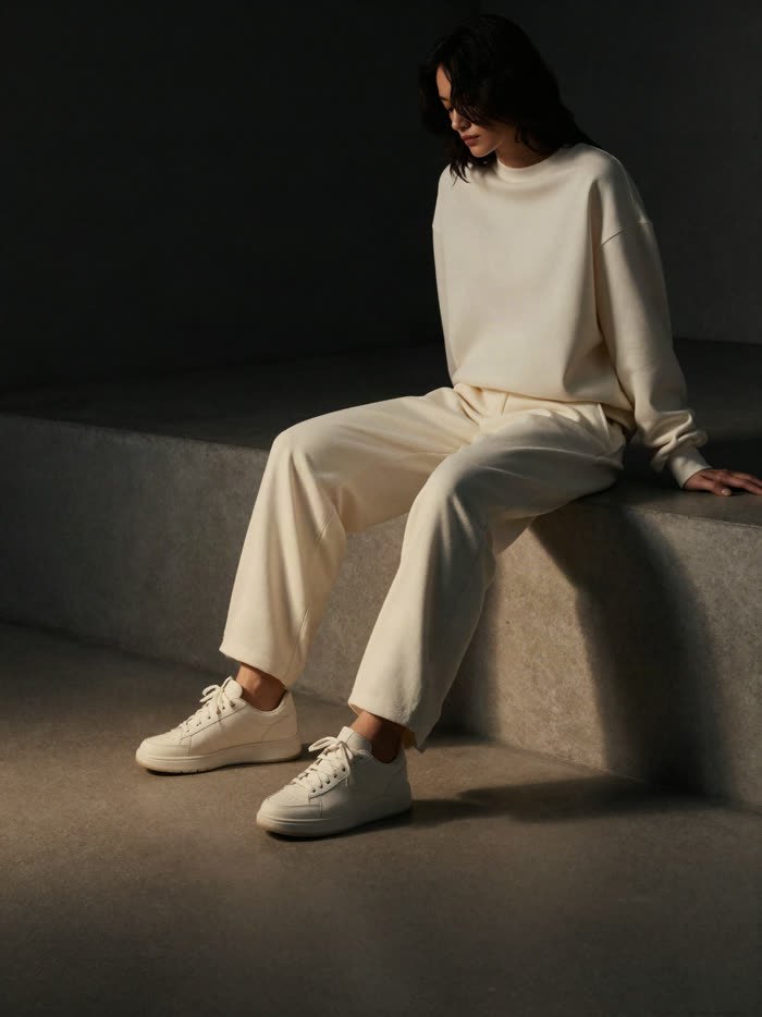 A woman seated on a concrete ledge in cream, wearing white sneakers