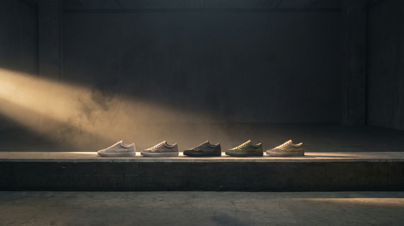 A row of five sneakers along a lit concrete ledge