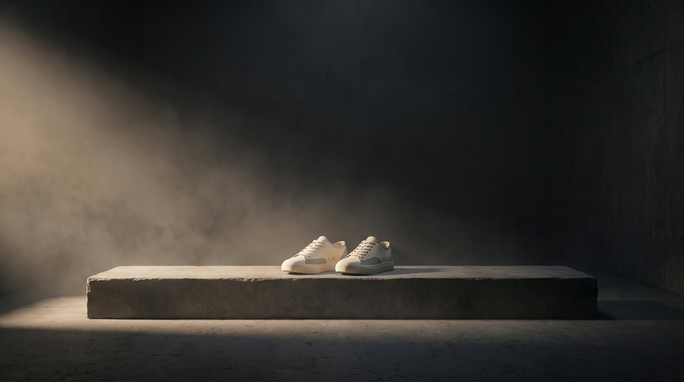 Two cream sneakers on a lit concrete platform